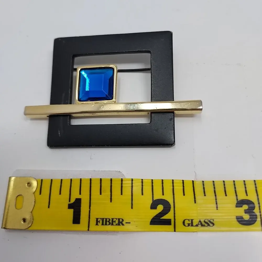 Vintage Modernist Geometric Brooch Blue Rhinestone Black Enamel Frame 1980s 2.25